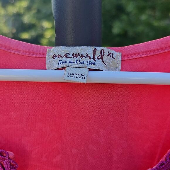 Oneworld Embellished Boho Tunic Top XL Coral Pink Multicolor Paisley Print - Picture 4 of 8